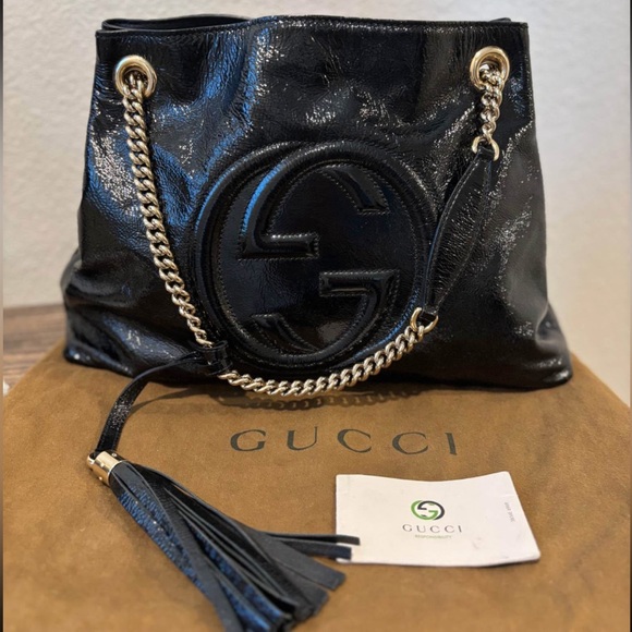 Gucci GG Soho Medium Black Patent Pebbled Leather Shoulder Bag - Picture 1 of 10